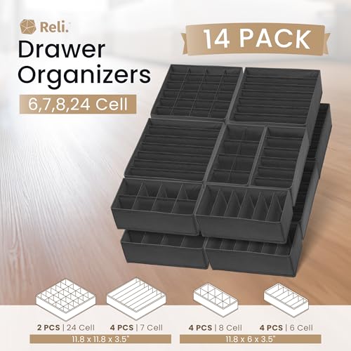 Reli. Sock Organizer (14 Pack) | 132 Cell Underwear Organizer | Gray | Drawer Dividers for Underwear, Sock, Tie, Bras, Clothing, Baby Clothes | Foldable Fabric Storage Bins for Drawer, Closet