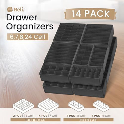 Reli. Sock Organizer (14 Pack) | 132 Cell Underwear Organizer | Gray | Drawer Dividers for Underwear, Sock, Tie, Bras, Clothing, Baby Clothes | Foldable Fabric Storage Bins for Drawer, Closet