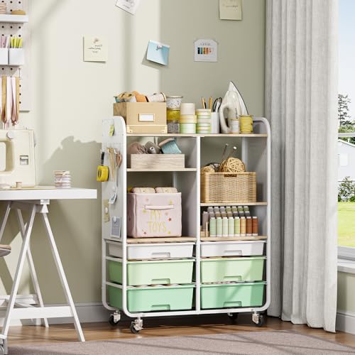 6 Drawers Rolling Storage Cabinet with Wood Top& Pegboards Green | Utility Craft Cart with Adjustable Shelves & Lockable Wheels for Classroom, Home Office & Art Studio, Household Organization