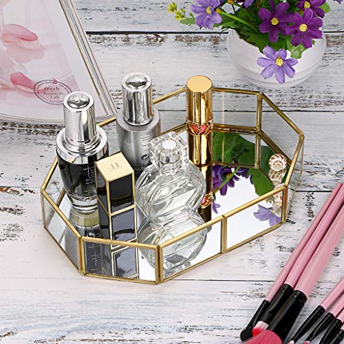 Hipiwe Mirror Glass Vanity Tray - Gold Ornate Makeup Organizer Perfume Tray | Vintage Octagonal Dresser Trays for Jewelry Trinket Organizer, Bathroom Storage Trays for Home Decor