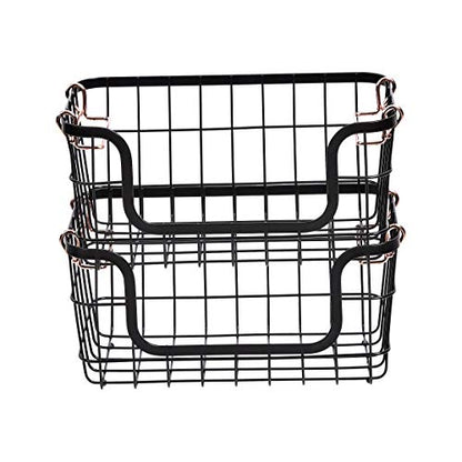Amazon Basics Stackable Metal Wire Rectangular Storage Baskets for Kitchen, Bathroom or Pantry Organizing, 2 Count, Black