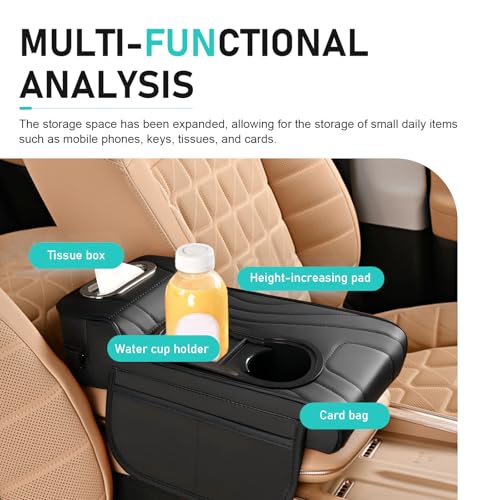 Car Center Console Cover, Microfiber Leather Car Armrest Cover, Multifunctional Armrest Storage Box with 2 Storage Bags, Cup Holders, Tissue Box Slot, Universal for Most Cars (Black)
