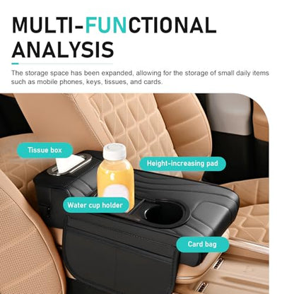 Car Center Console Cover, Microfiber Leather Car Armrest Cover, Multifunctional Armrest Storage Box with 2 Storage Bags, Cup Holders, Tissue Box Slot, Universal for Most Cars (Black)