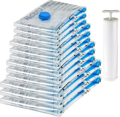 Amazon Basics Vacuum Storage Bags with Hand Pump for Travel, Space Saving Compression Bags for Clothes and Blankets, Clear, 12 Pack (3 Small, 3 Medium, 3 Large & 3 Jumbo)