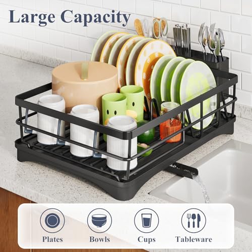 SAYZH Dish Drying Rack for Kitchen Counter with Utensil Holder, Black | Stainless Steel, Large Capacity, Angled Drainboard, Rotating Spout, Removable to Clean