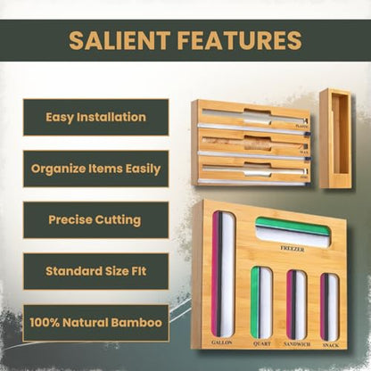KALUHA Bamboo Food Storage Bag Organizer 9-in-1 | Gallon Quart Sandwich Snack Bag Holder for Kitchen Drawer | Aluminum Foil Plastic Wrap Wax Paper Dispenser | Kitchen Cabinet Storage Organization