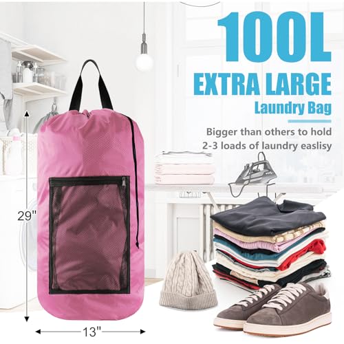 Olosar Laundry Bag Backpack, Extra Large Travel Laundry Bag with Mesh Pocket & Adjustable Shoulder Straps,Dirty Clothes Travel Bag for College Students Dorm,Apartment(Pink)