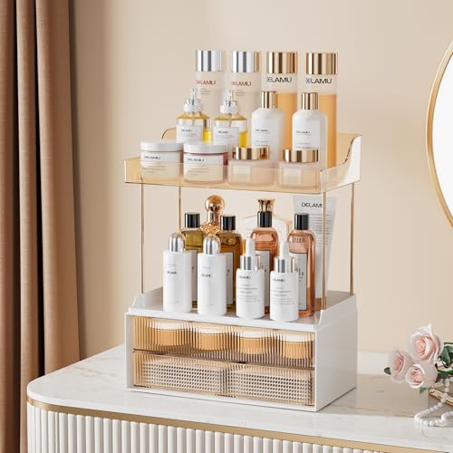 Delamu 4-Tier Makeup Organizer, Bathroom Counter Storage, 2 Drawers, Amber | Elegant Vanity Organizer Gift for Women, Holds Perfume, Skincare, Nail Polish & Hair Accessories for Bathroom Countertop