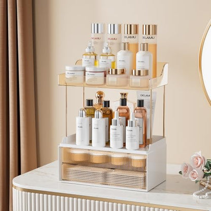 Delamu 4-Tier Makeup Organizer, Bathroom Counter Storage, 2 Drawers, Amber | Elegant Vanity Organizer Gift for Women, Holds Perfume, Skincare, Nail Polish & Hair Accessories for Bathroom Countertop