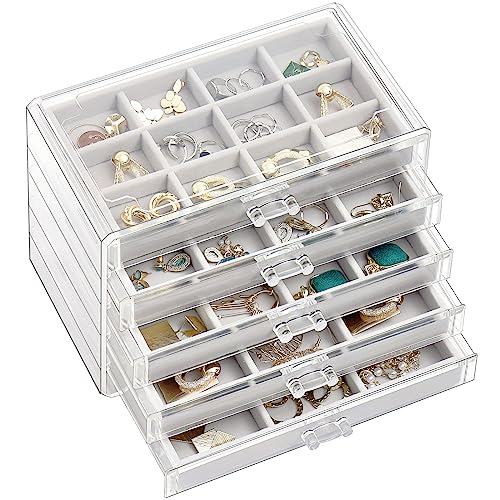 ProCase Earring Holder Organizer Jewelry Box with 5 Drawers, Grey | Acrylic Clear Jewelry Organizers, Stud Earring Storage Box with Adjustable Velvet Trays, Women Girls Christmas Birthday Gifts