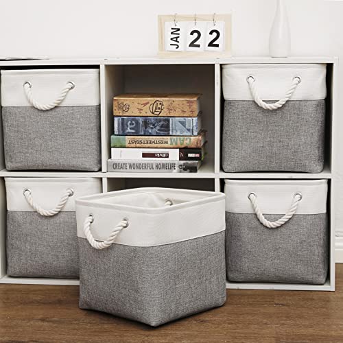 Cube Storage Bins, 6 Pack Collapsible Fabric Storage Cubes, 11 Inch Cube Organizer Bins with Handles (White/Gray)