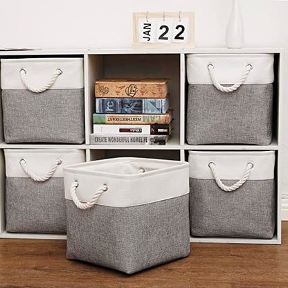 Cube Storage Bins, 6 Pack Collapsible Fabric Storage Cubes, 11 Inch Cube Organizer Bins with Handles (White/Gray)
