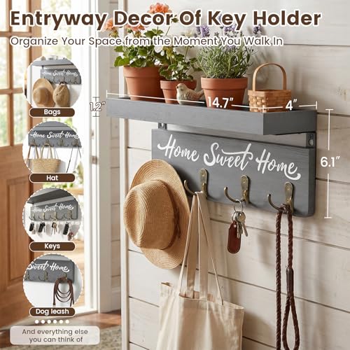 buways Key Holder Wall Mount with 8 Hooks and Cozy Home Sign (Gray) | Solid Wood, Floating Shelf for Keys, Mail, and Daily Essentials in Entryways, Hallways or Home Decor