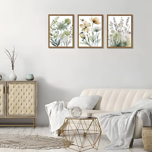 Wood Framed Sage Green Botanical Wall Art Set of 3, Boho Floral Canvas Wall Decor Paintings, Minimalist Flower Posters Prints Pictures for Bedroom Bathroom Living Room Home Decor 12x16 Inch