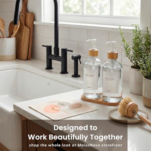 MaisoNovo Glass Dish Soap Dispenser for Kitchen Set of 2-16.9oz Clear Dish and Hand Soap Dispenser Set for Kitchen - Clear Glass Bottles x 2 with White Bamboo Pumps & Tray