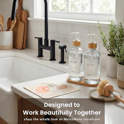 MaisoNovo Glass Dish Soap Dispenser for Kitchen Set of 2-16.9oz Clear Dish and Hand Soap Dispenser Set for Kitchen - Clear Glass Bottles x 2 with White Bamboo Pumps & Tray