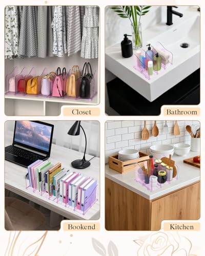 SURETIVIAN Rose Purse Dividers for Closet, 2 Pack Clear Clutch Purse Closet Organizers, Adjustable Handbag Storage Organizers, Plastic Bookshelf Separator Dividers for Bedroom Office