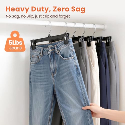 HOUSE DAY Black Pants Hangers with Clips 30 Pack, 12 Inch Skirt Hangers | Non-slip clips hold trousers, skirts, shorts and jeans; 360° swivel hook allows easy access for everyday adult wardrobes