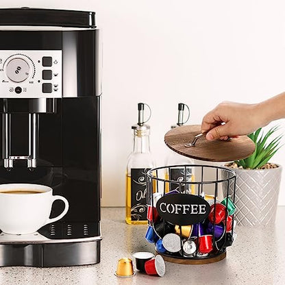 Coffee Pod Holder with Lid, Large Capacity K Cup Holder with Rustic Wooden Base, Black Wire Coffee Storage Basket for Kitchen Countertop, Cafe Bar Organizer