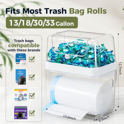 Trash Bag Dispenser & Dishwasher Pod Holder, 3-in-1 Trash Bag Holder Laundry Pods Container with Moisture-Proof Lid, Acrylic Garbage Bag Dispenser for Under Sink Organizer Laundry Room Organization
