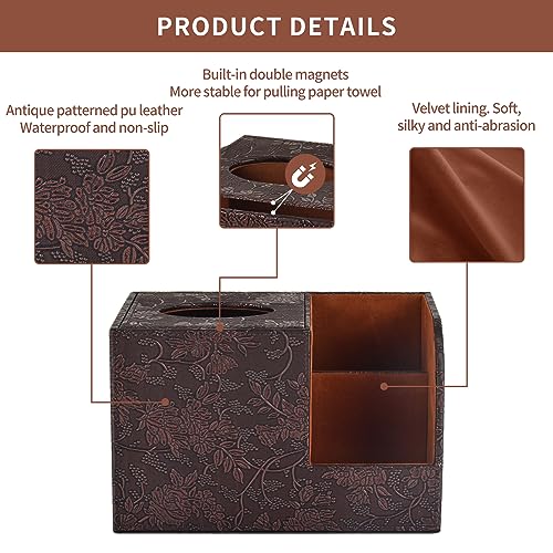 PU Leather Tissue Box Cover Square Tissue Holder Tissues Box Organizer with 2 Compartment,Remote Control Holder,Multifunctional Decorative Tissue Box Covers Cube,Home Office Desktop Storage Box,Retro