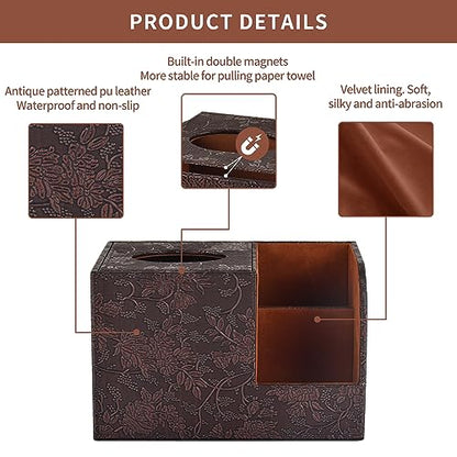 PU Leather Tissue Box Cover Square Tissue Holder Tissues Box Organizer with 2 Compartment,Remote Control Holder,Multifunctional Decorative Tissue Box Covers Cube,Home Office Desktop Storage Box,Retro