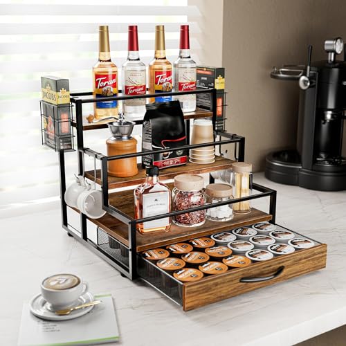 Coffee Syrup Organizer Rack, 4-Tier Stand with K-Cup Drawer & Side Hooks