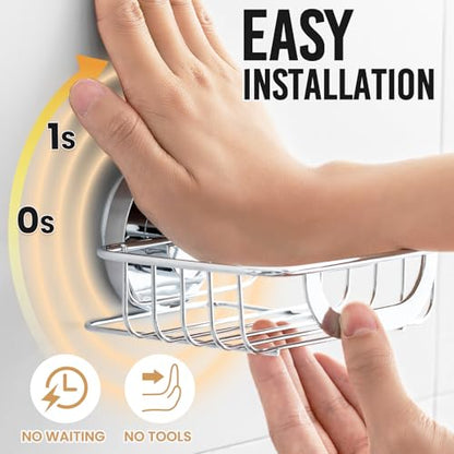 Bar Soap Holder with Hooks, Suction Cup Soap Dish Stainless Steel | Soap Holder Shower Wall Mounted, Soap and Razor Holder for Shower, Rustproof for Bathroom, Sponge Holder Saver, Silver