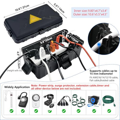 Medium Outdoor Electrical Box(10.6x5.5x4.5inch),Weatherproof Connection Box w/6 Cable Entry,IP54 Waterproof Extension Cord Cover Protect Power Strip,Timer,Plug,Holiday Lights,Black