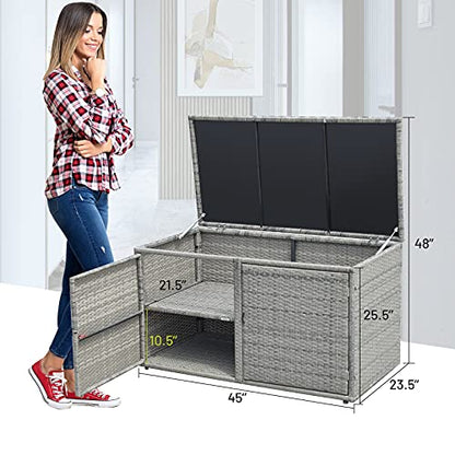 Giantex Rattan Deck Box Outdoor&Indoor 88 Gallon Wicker Storage Box W/Separate Storage Shelf, Openable Door and Tools Storage for Patio,Garden, Balcony, Porch, Yard Rattan Storage Box (Gray)