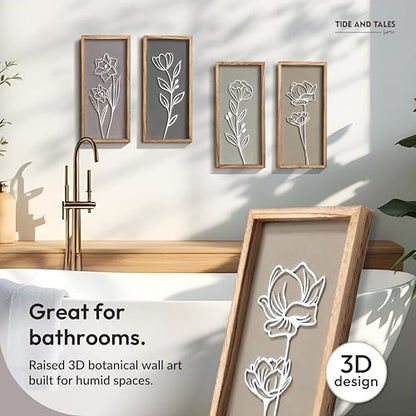 3D Wooden Floral Bathroom Wall Decor (Set of 4) Lightweight, Ready-to-Hang Framed Wall Art For Living Room, Bedroom, or Office - Premium Boho Botanical Farmhouse Decorations - Gift-Boxed