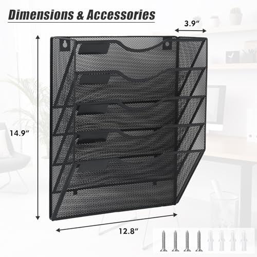 5 Pocket Mesh Hanging Wall File Organizer, Wall Mounted Mail Paper Document Folder Holder, Clipboard Storage Organization Magazine Rack with Nametag Label for Office Home School, Black