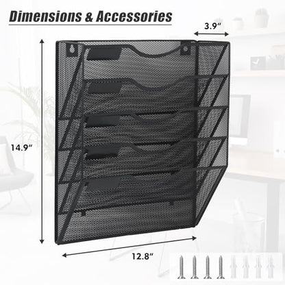5 Pocket Mesh Hanging Wall File Organizer, Wall Mounted Mail Paper Document Folder Holder, Clipboard Storage Organization Magazine Rack with Nametag Label for Office Home School, Black