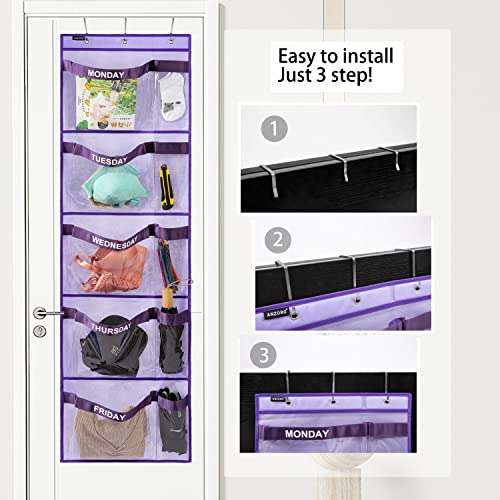 Weekly Kids Clothes Organizer Day of Week School Clothing Storage Monday to Friday Hanging Closet Organizer (Purple)