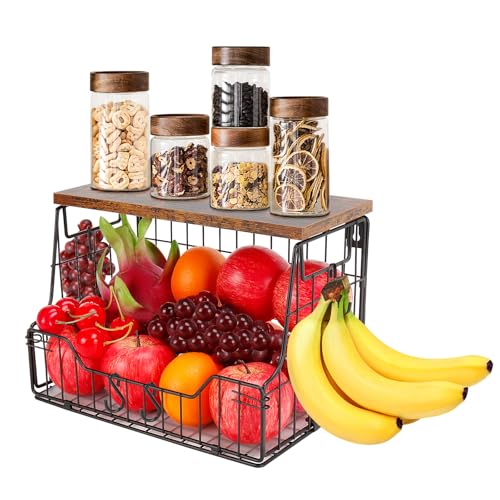 Fruit Basket for Kitchen, Metal Fruit Vegetable Storage Bin with 2 Banana Hangers, Countertop Wire Basket Organizer for Snack Potato Onion, Screw Mounted or Stand (Black, 1 Pack)