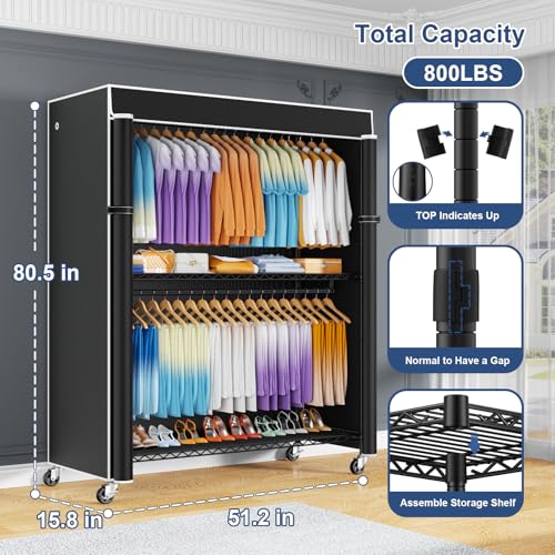 P8C Max Heavy Duty Clothes Rack（With Extended Width Design） Rolling Clothing Racks for Hanging Clothes with Lockable Wheels，51.2"W x 15.8"D x 80.5"H，Load 800LBS，Black Rack with Black Cover