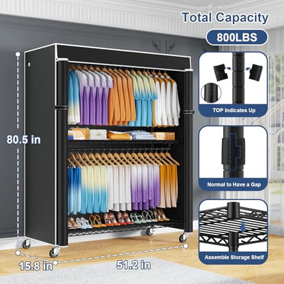 P8C Max Heavy Duty Clothes Rack（With Extended Width Design） Rolling Clothing Racks for Hanging Clothes with Lockable Wheels，51.2"W x 15.8"D x 80.5"H，Load 800LBS，Black Rack with Black Cover
