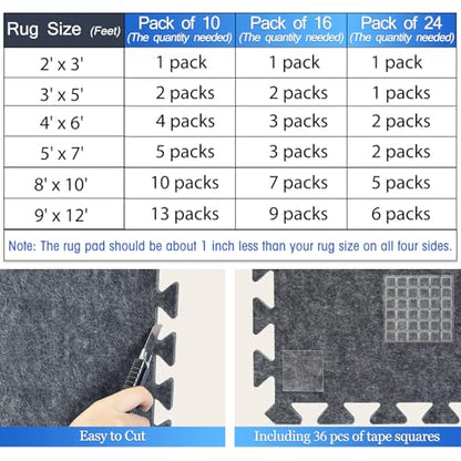 BXI Soundproof Interlocking Rug Pad 16 Pcs, 11x 11 x 0.4 inches Non Slip Rug Pads, High Density Noise Reduction Puzzle Felt Carpet Padding, Rug Mat Protects and Adds Cushion for Hardwood Floor