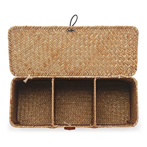 Seagrass Tank Basket with Lid Woven Toilet Roll Storage Basket with Sections Rectangular for Organize Snack Toys Tampon (Large Compartment 16.5inch L x 5.5inch W x 5.5inch H) Natural