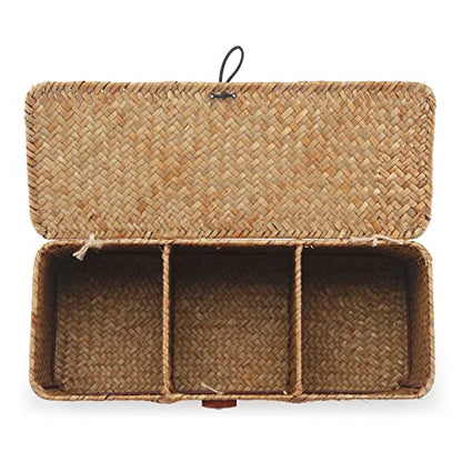 Seagrass Tank Basket with Lid Woven Toilet Roll Storage Basket with Sections Rectangular for Organize Snack Toys Tampon (Large Compartment 16.5inch L x 5.5inch W x 5.5inch H) Natural