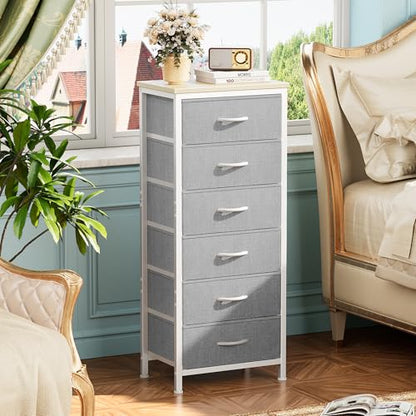 Huuger Tall Dresser for Bedroom, Stable 6 Drawer Dresser with Anti-Tip Device, PU Leather & Fabric Drawers, Tall Nightstand for Closet, Nursery, Storage Tower for College Dorm High Beds, Grey