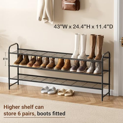 3-Tier Long Shoe Rack for Closet Metal Shoe Organizer for Entryway, Wide Stackable Shoe Storage Shelf with Sturdy Wire Grid for Closet Floor, Bedroom, Black