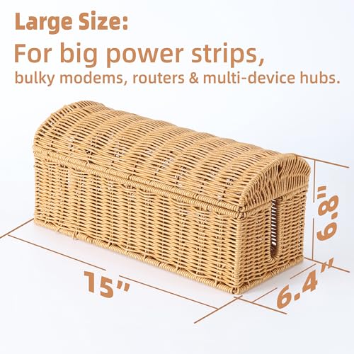 Large Rattan Cable Management Box, Decorative WiFi Router & Modem Hider | Ventilated, Waterproof, Easy Clean, No Assembly, Decorative Cable Organizer