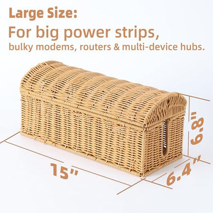 Large Rattan Cable Management Box, Decorative WiFi Router & Modem Hider | Ventilated, Waterproof, Easy Clean, No Assembly, Decorative Cable Organizer