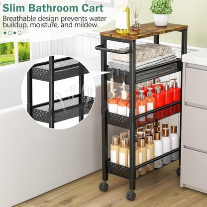 Vivihomety 4-Tier Slim Utility Rolling Laundry Cart with Wheels, Metal | Narrow 7.1" wide, Lockable wheels, wood top panel, metal frame, with handle, for laundry, bathroom, kitchen, black