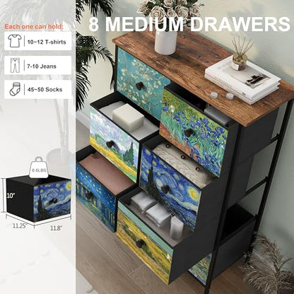 EXOTICA Tall Dresser with 8 Drawer for Bedroom Narrow Van Gogh Chest of Drawers for Hallway Closet Living Room Steel Frame Rustic Brown Wood Grain Wood Top