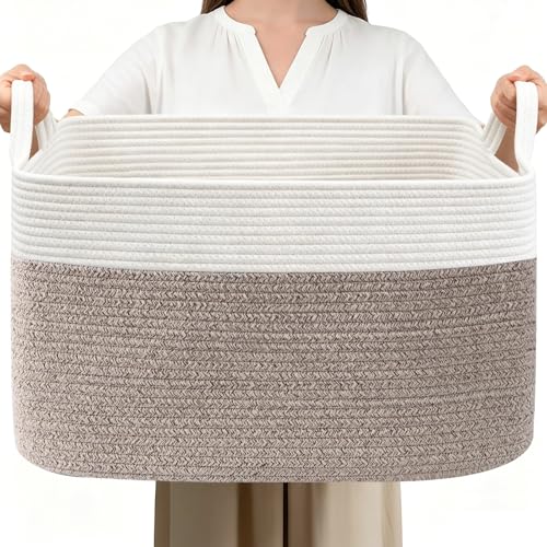65L Laundry Basket with Handles, Woven Blanket Bas... (White & Brown | Cotton)