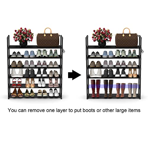 Hsscblet 6 Tiers Metal Shoe Rack,Adjustable Shoe Shelf Storage Organizer with Hooks,Stackable Boot & Shoe Storage,for Entryway,Hallway,Closet,Black