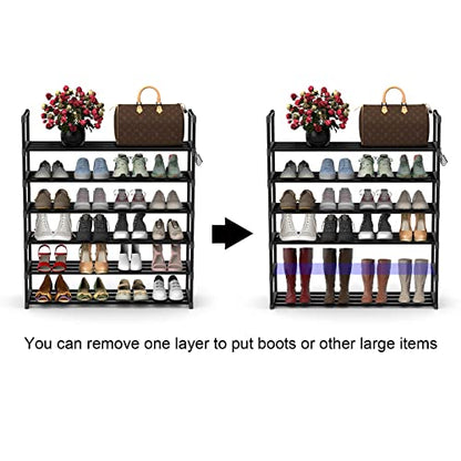 Hsscblet 6 Tiers Metal Shoe Rack,Adjustable Shoe Shelf Storage Organizer with Hooks,Stackable Boot & Shoe Storage,for Entryway,Hallway,Closet,Black