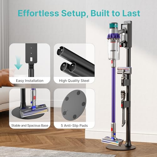 Vacuum Cleaner Stand, Compatible with Dyson G5 V15 V12 V11, Black | with 2 Removable Accessory Clips, for V10 V8 V7 V6, Vacuum Attachment Organizer with Built-in Cable Slot